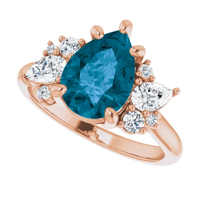 Custom Order Teal Sapphire Cluster Ring with Multiple Sapphires and Diamonds 14K White Gold