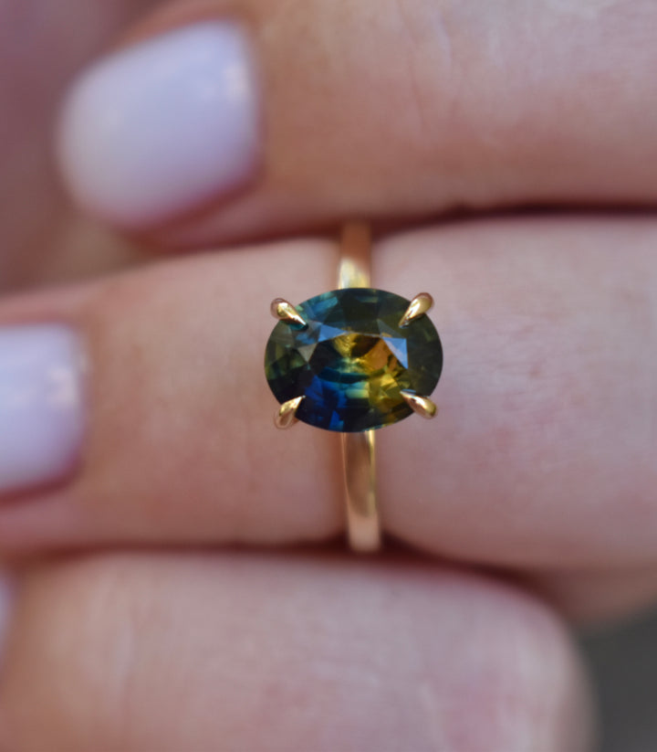 Parti Sapphire Solitaire Engagement Ring 14K Gold, Bi Color Oval Sapphire Ring 14K Gold