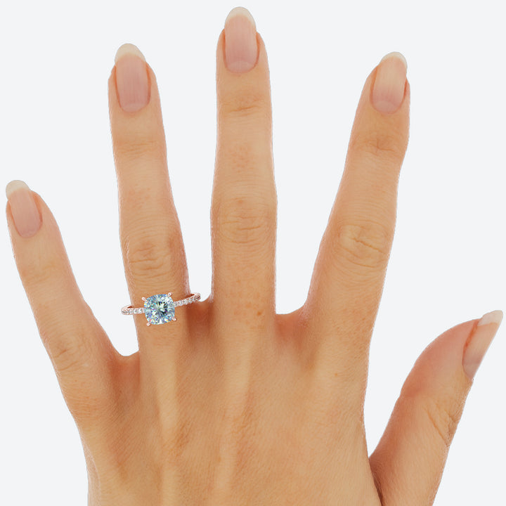 Cushion Shape Teal Sapphire and Hidden Halo Diamond Ring 14K Gold