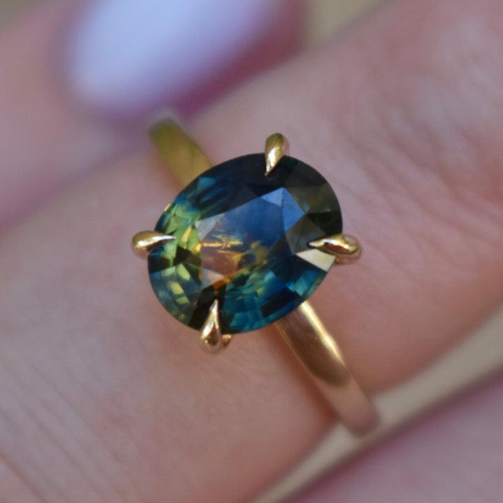 Parti Sapphire Solitaire Engagement Ring 14K Gold, Bi Color Oval Sapphire Ring 14K Gold