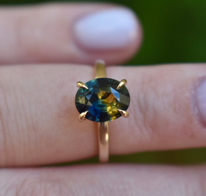 Parti Sapphire Solitaire Engagement Ring 14K Gold, Bi Color Oval Sapphire Ring 14K Gold