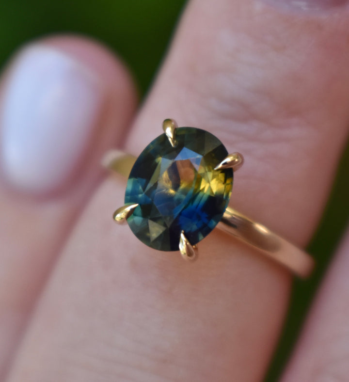 Parti Sapphire Solitaire Engagement Ring 14K Gold, Bi Color Oval Sapphire Ring 14K Gold