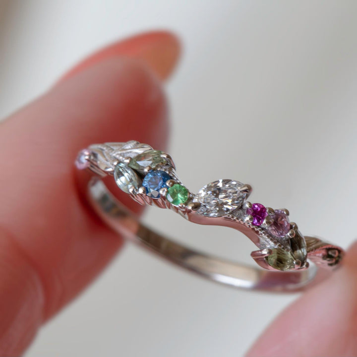 Whimsical Nature-Inspired Floral Wedding Band 14K Gold