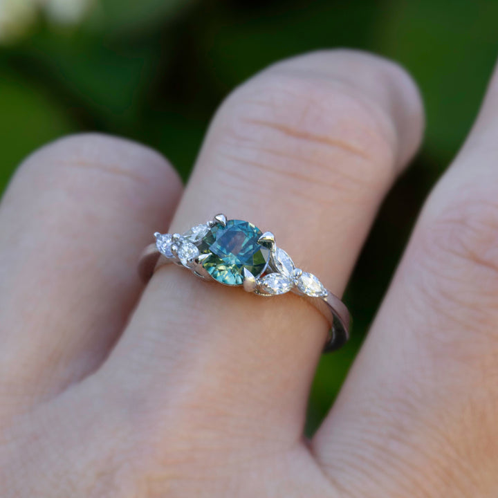 Teal Montana Sapphire Ring with Marquise Diamonds 14K White Gold, Cluster Engagement Ring