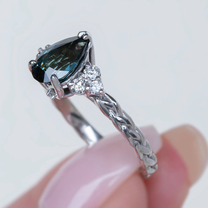Teal Pear Sapphire and Diamond Engagement Ring with Celtic Knot Band 14K Gold