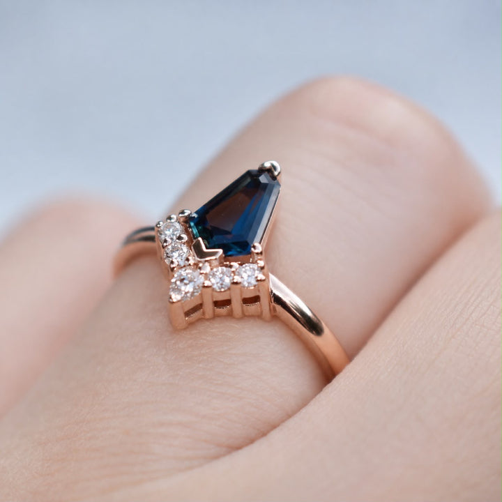 Kite Shape Teal Blue Sapphire Cluster Engagement Ring with Diamond Sunburst in 14K Gold
