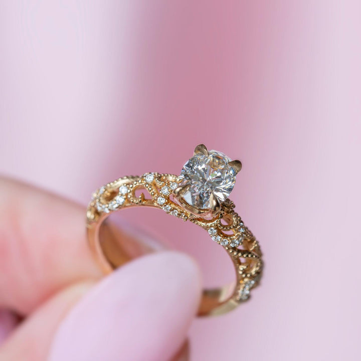 Vintage Inspired Filigree Lab Grown Diamond  Oval Cut Engagement Ring 14K Gold