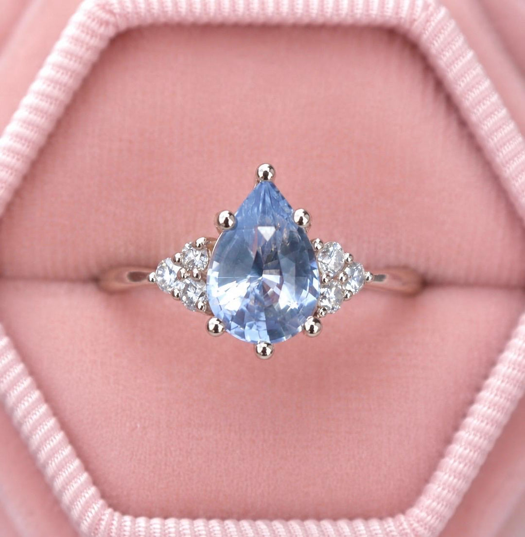 Pastel Blue Pear Cut Sapphire Engagement Ring with Natural Diamonds in 14K Gold