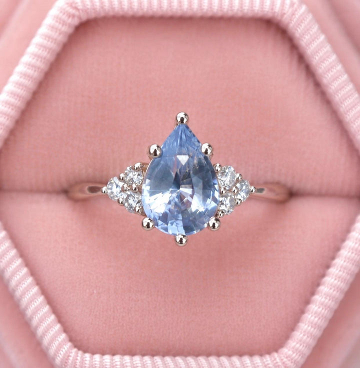 Pastel Blue Pear Cut Sapphire Engagement Ring with Natural Diamonds in 14K Gold