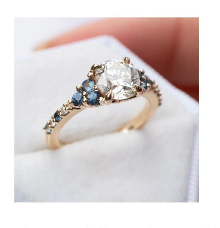 Nature Inspired Floral  Lab Grown Diamond and Sapphire Engagement Ring 14K Gold