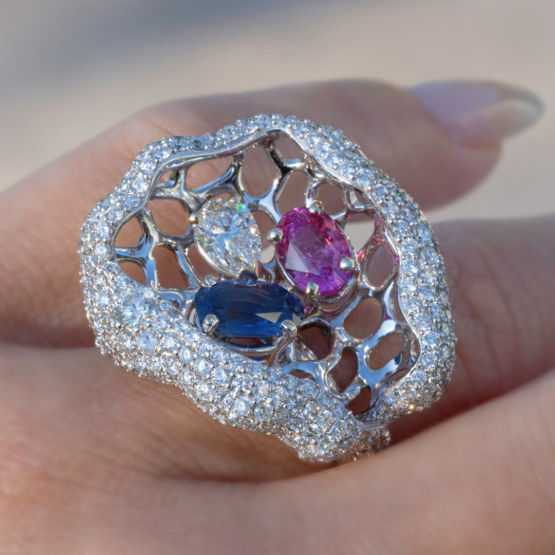 Fancy Sapphire and Diamond Cocktail Ring with Blue Sapphire,Pink Sapphire in 14K White Gold