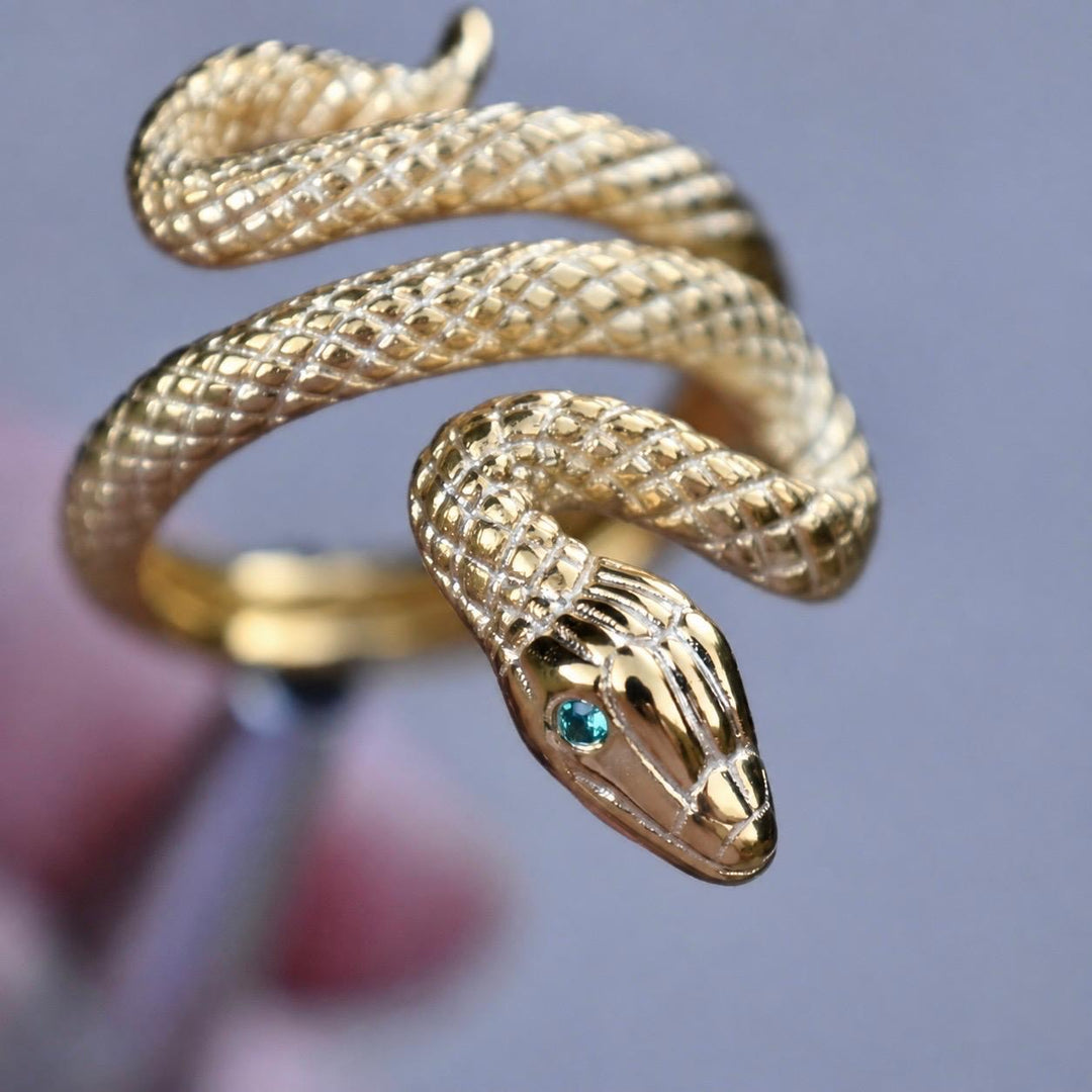 14K Gold Serpent Snake Ring with Natural Emerald Eyes