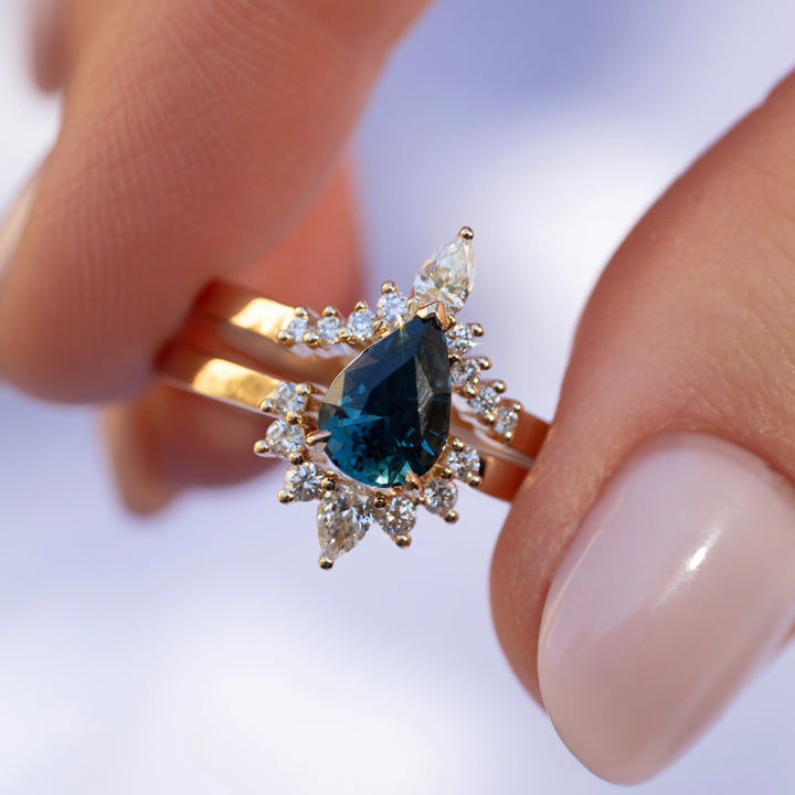 Teal Sapphire and Diamond Engagement Ring Set, Pear Shape Sapphire Nesting Ring