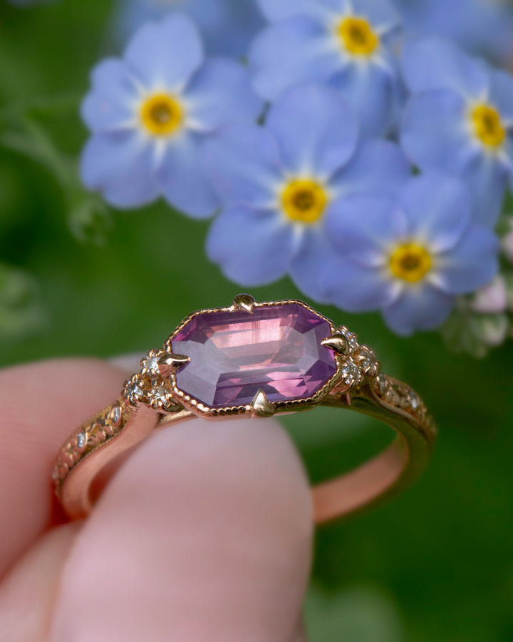 Pink Sapphire Ring with Diamonds 14K Rose Gold, Handcarved Floral Design