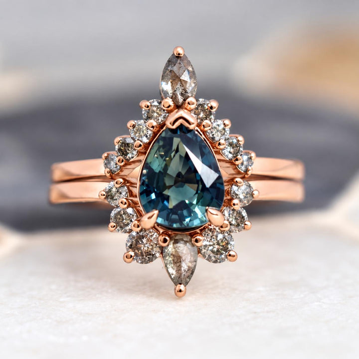 Pear Cut Blue Green Sapphire Engagement Ring Set with Salt and Pepper Diamond Wedding Band in 14K Gold