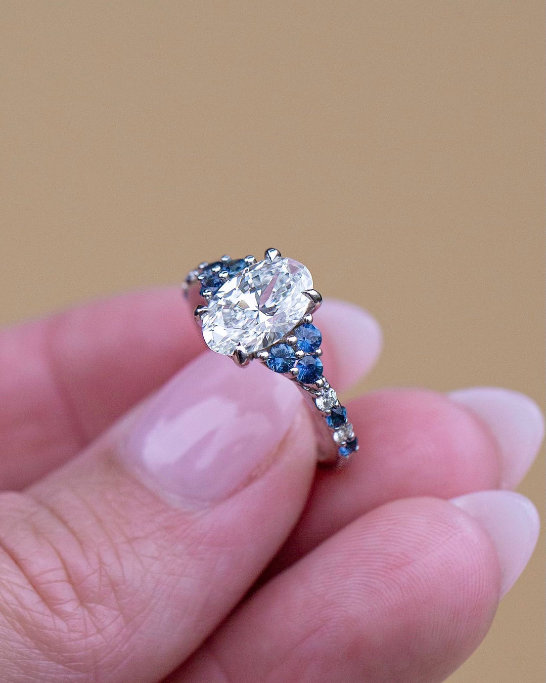 Nature Inspired Oval Diamond Engagement Ring with Teal Sapphires in 14K Gold ,Floral Diamond Ring