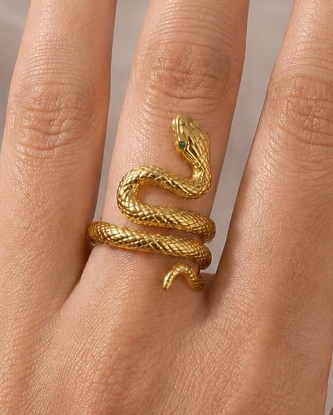 14K Gold Serpent Snake Ring with Natural Emerald Eyes
