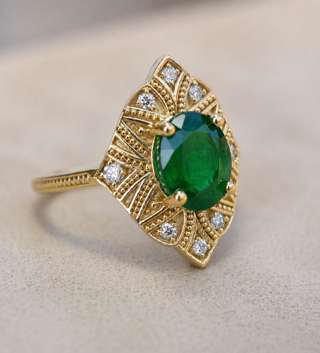 Art Deco Oval Cut Emerald Engagement Ring with Diamonds and Milgrain Shank in 14K Gold
