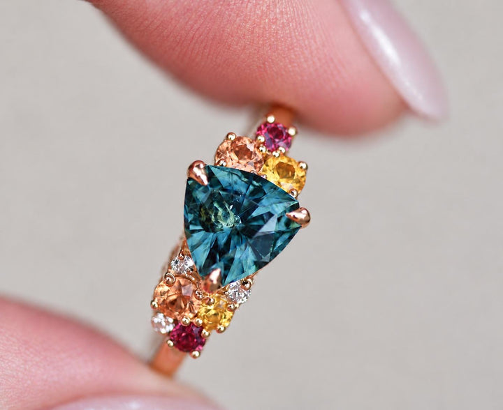 Trillion Cut Blue Green Montana Sapphire Multi Stone Cluster Engagement Ring in 14K Gold