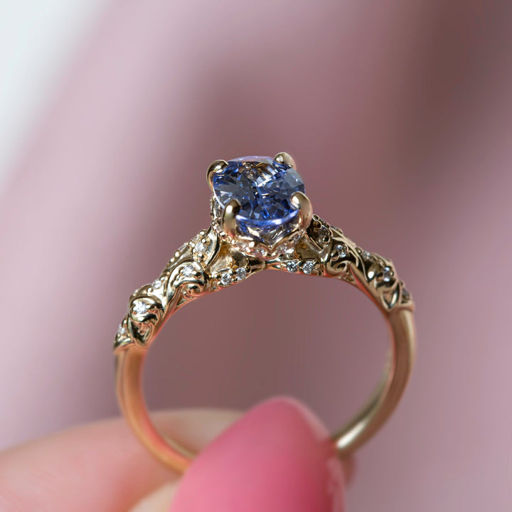 Genevieve Vintage Filigree Engagement Ring w/ Pastel Blue Oval Sapphire 14K Gold