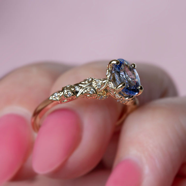 Genevieve Vintage Filigree Engagement Ring w/ Pastel Blue Oval Sapphire 14K Gold