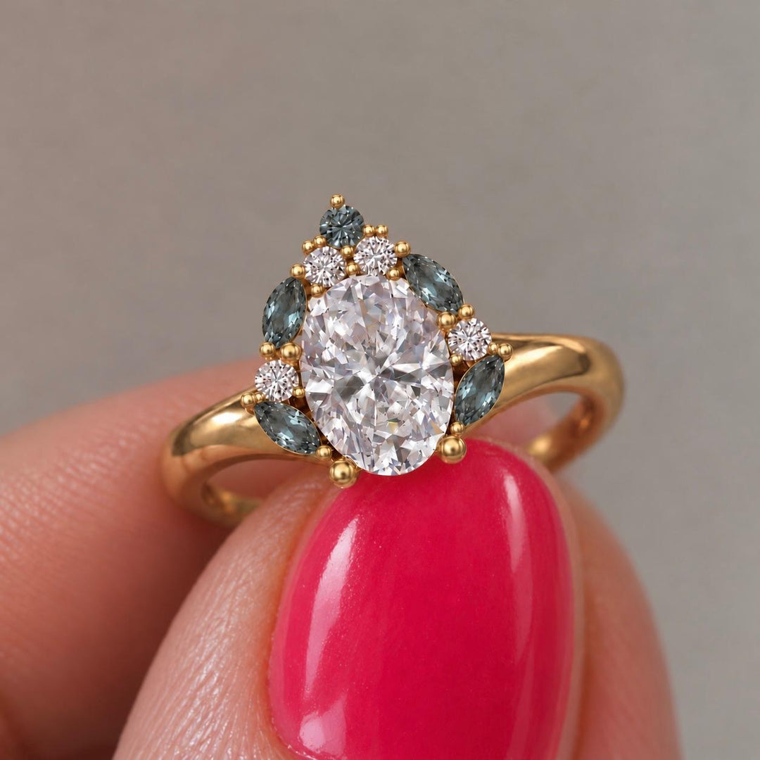 Oval Lab Grown Diamond and Greyish Green Sapphire Engagement Ring in 14K Gold Unique Diamond Cluster Ring