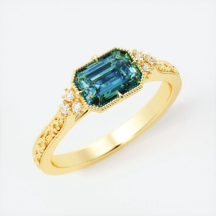 Emerald Cut Blue Green Sapphire and Diamond Floral Engagement Ring in 14K Gold