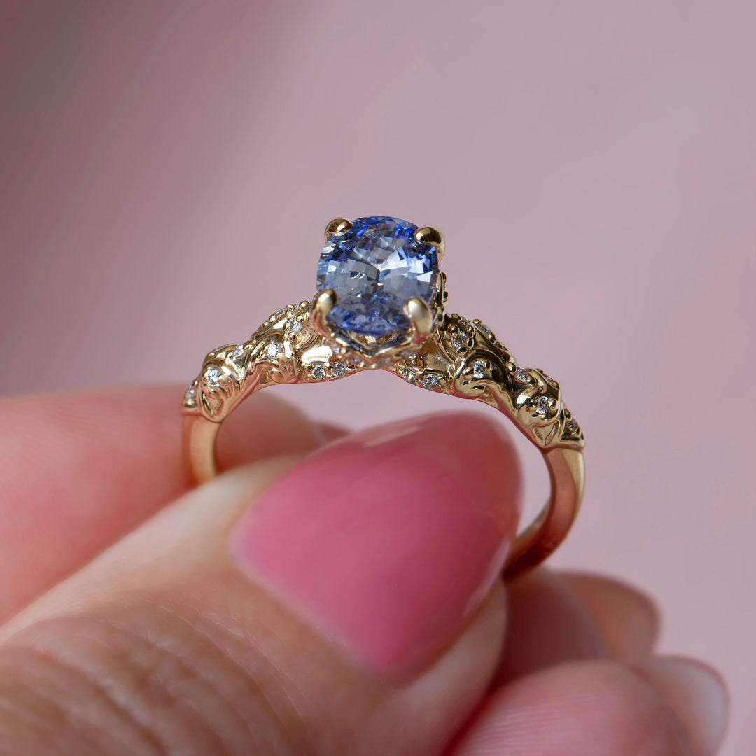 Genevieve Vintage Filigree Engagement Ring w/ Pastel Blue Oval Sapphire 14K Gold
