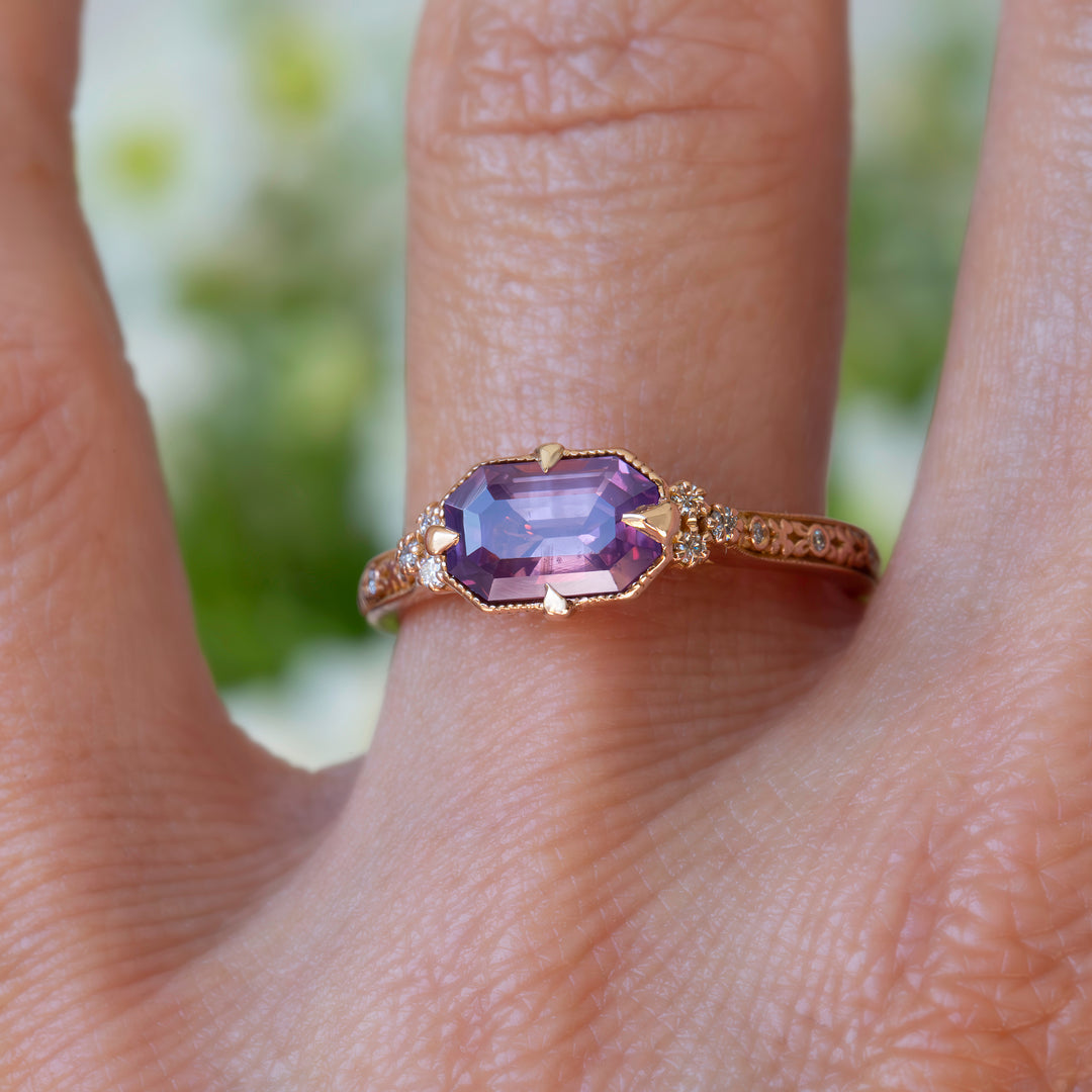 Emerald Cut Opalescent Pink Sapphire Floral Engagement Ring – Hand Carved Nature Inspired Ring 14K Gold