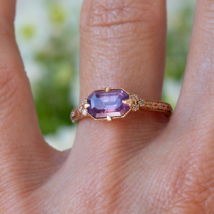 Emerald Cut Opalescent Pink Sapphire Floral Engagement Ring – Hand Carved Nature Inspired Ring 14K Gold