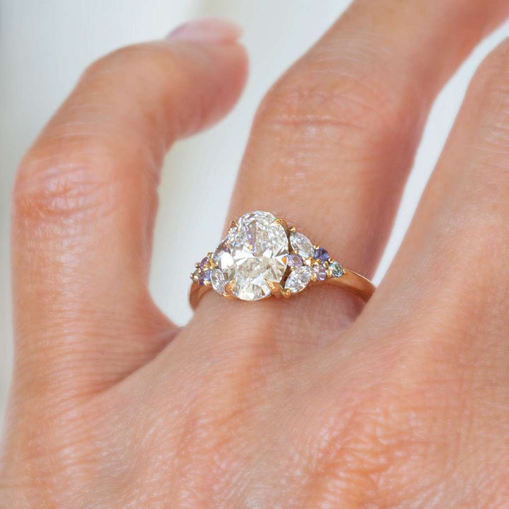 Floral Lab Grown Diamond Engagement Ring with Multicolored Sapphires in 14K Gold Nature Inspired Oval Diamond Ring
