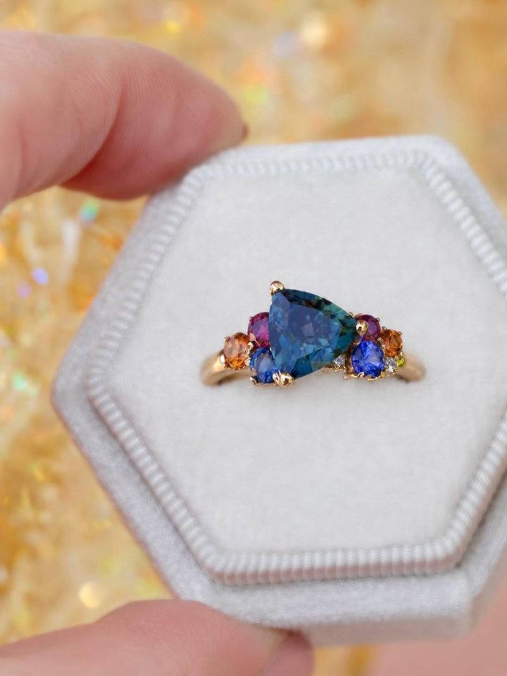 Trillion Teal Sapphire Multi Stone Cluster Engagement Ring in 14K Gold