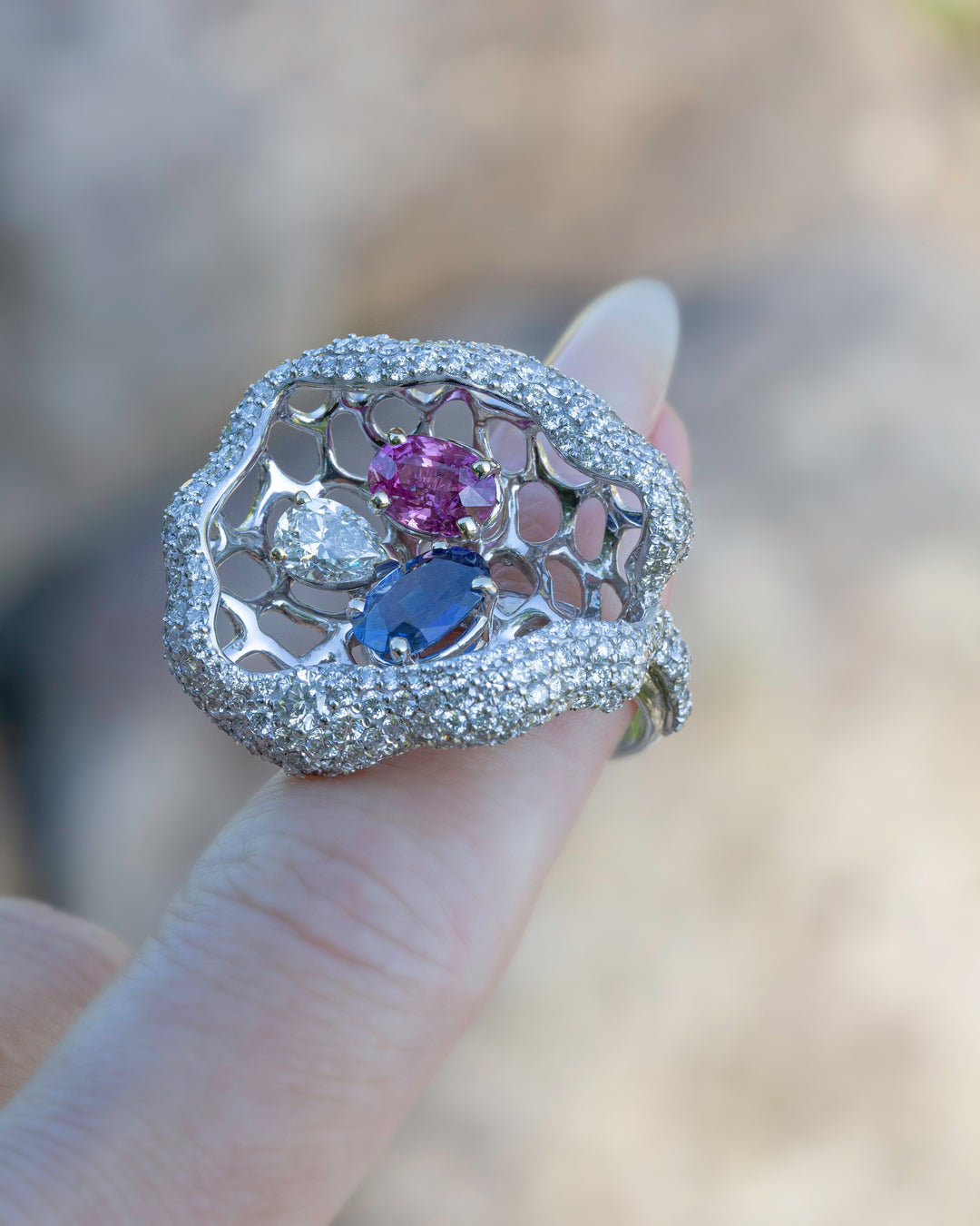 Fancy Sapphire and Diamond Cocktail Ring with Blue Sapphire,Pink Sapphire in 14K White Gold