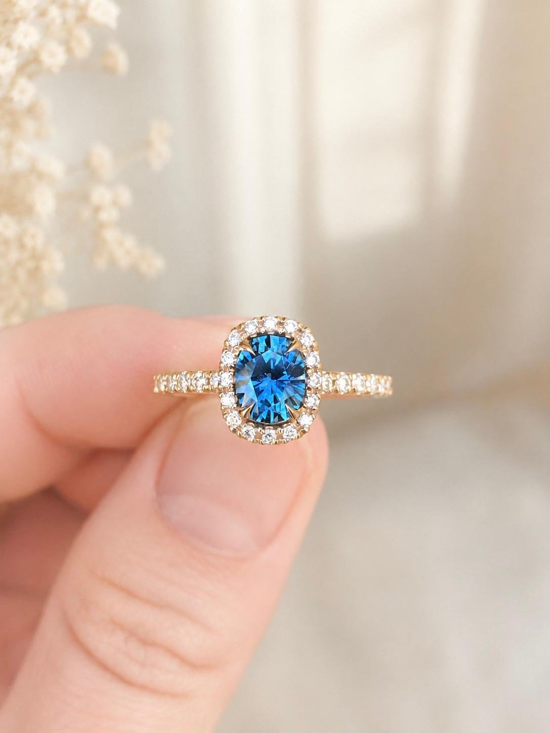 Blue Green Oval Montana Sapphire and Diamond Halo Engagement Ring in 14K Gold