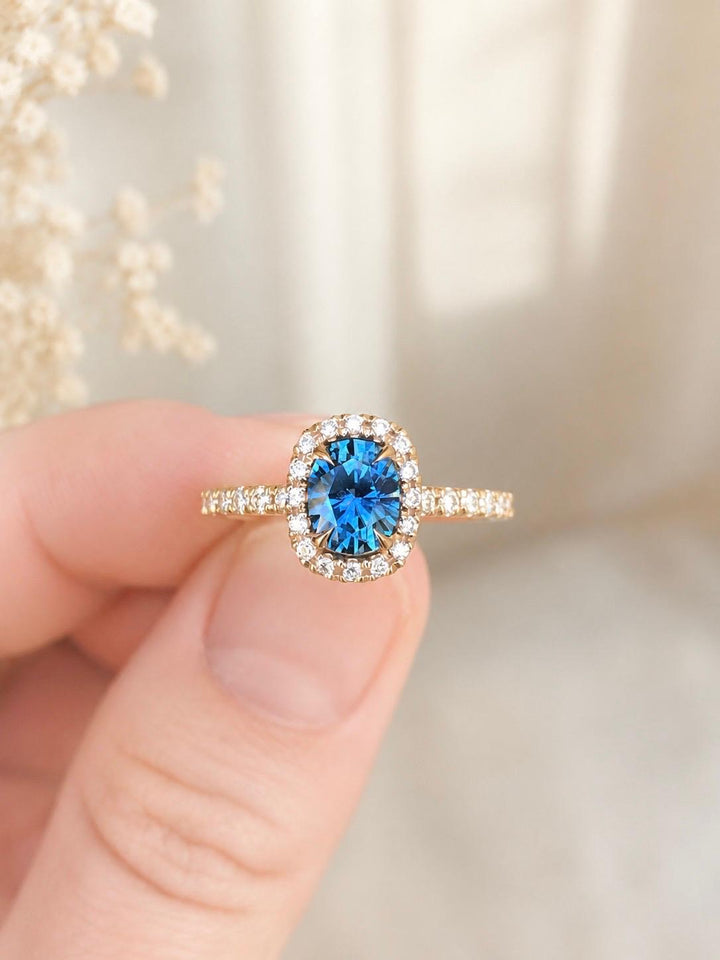 Blue Green Oval Montana Sapphire and Diamond Halo Engagement Ring in 14K Gold