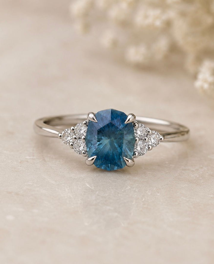 Aqua Blue Montana Sapphire Engagement Ring with Diamonds in 14K Gold - Oval Montana Sapphire Ring - Alternative Engagement Ring