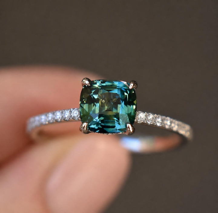 Cushion Cut Bi Color Sapphire Hidden Halo Engagement Ring in 14K Gold