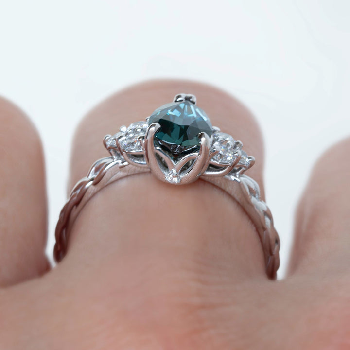 Teal Pear Sapphire and Diamond Engagement Ring with Celtic Knot Band 14K Gold