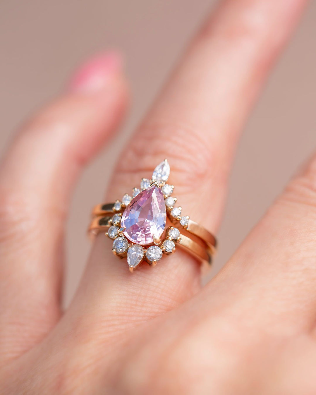 Pear Shape Pink Sapphire and Diamond Engagement Ring Set 14K Gold