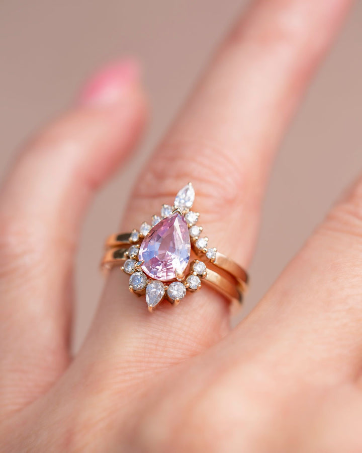 Pear Shape Pink Sapphire and Diamond Engagement Ring Set 14K Gold