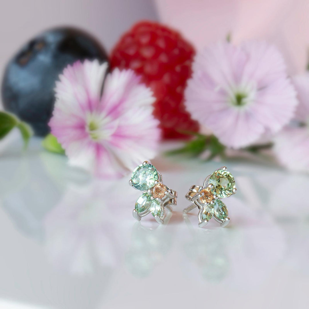 Floral Cluster Earrings with Mint Green Sapphire and Padparadscha Accents 14K Gold