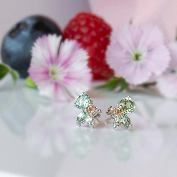 Floral Cluster Earrings with Mint Green Sapphire and Padparadscha Accents 14K Gold