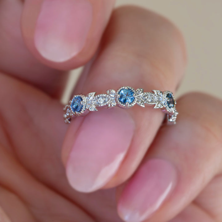 Nature Inspired Montana Sapphire Wedding Band – Teal Blue Sapphire and Diamond Leaf Ring in 14K Gold