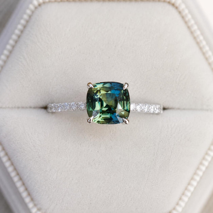 Cushion Cut Bi Color Sapphire Hidden Halo Engagement Ring in 14K Gold