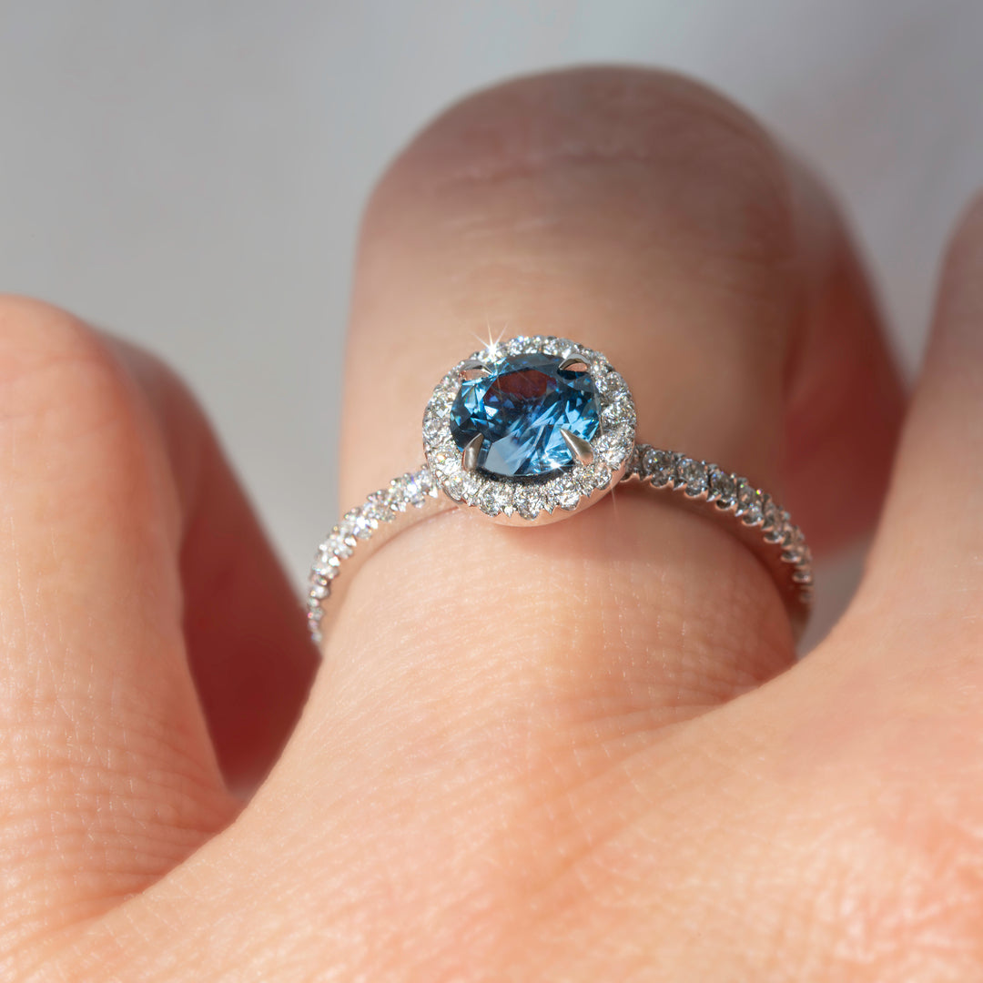 Montana Sapphire Ring With Diamonds, Montana Sapphire Engagement Ring, Montana Sapphire and Diamond Halo Engagement Ring