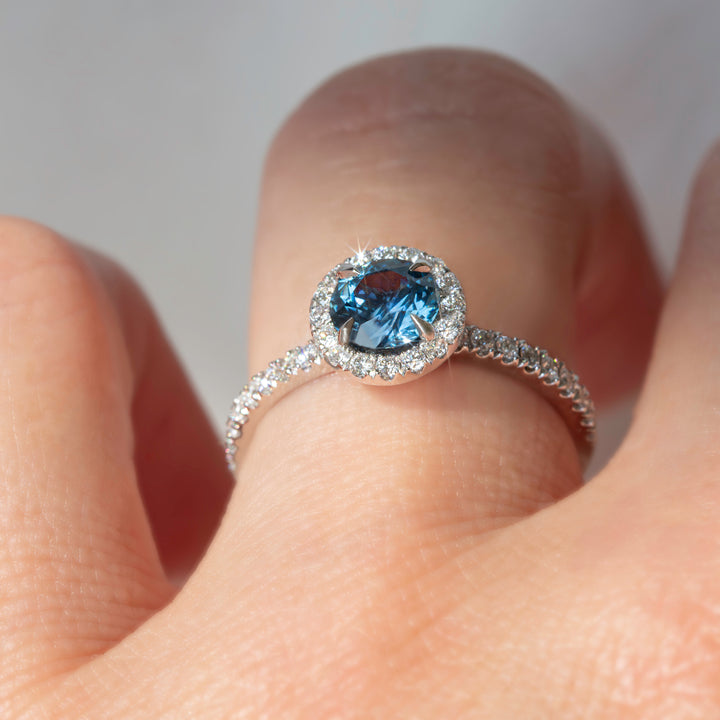 Montana Sapphire Ring With Diamonds, Montana Sapphire Engagement Ring, Montana Sapphire and Diamond Halo Engagement Ring