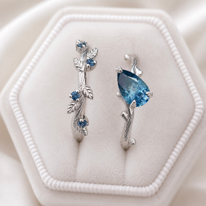 Twig Leaf Engagement Ring Set with Pear Cut Teal Blue Montana Sapphire in 14K Gold