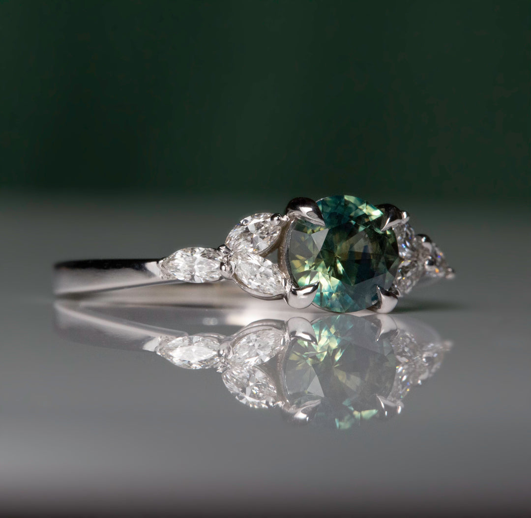 Teal Montana Sapphire Ring with Marquise Diamonds 14K White Gold, Cluster Engagement Ring