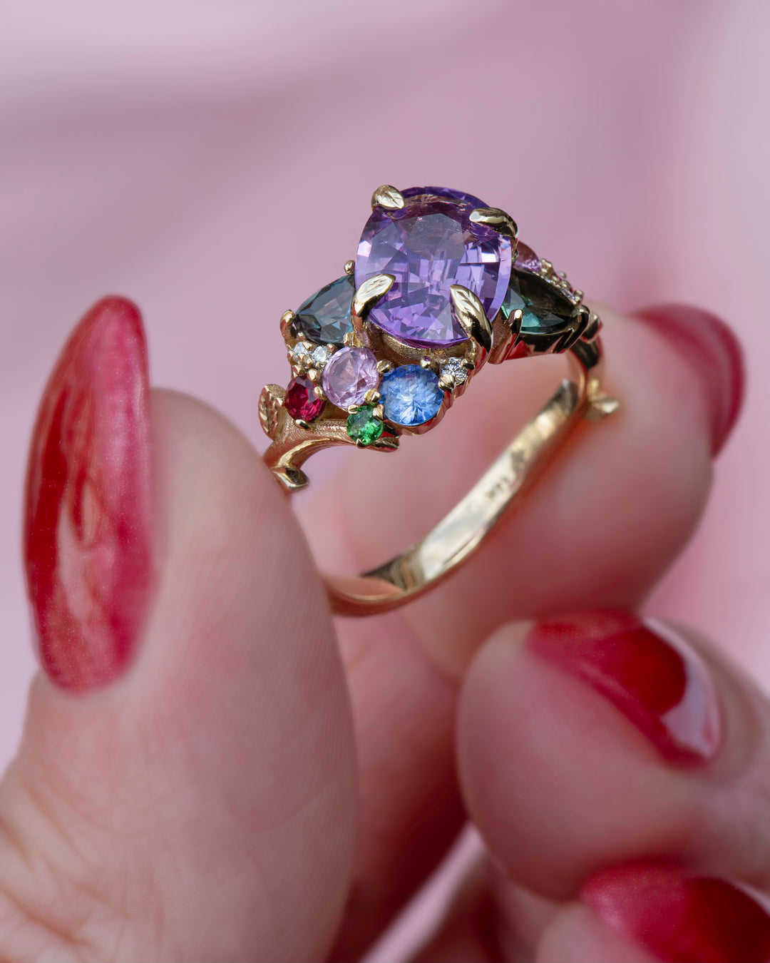 “Tara” Purple Sapphire Cluster Ring 14K Rose Gold,Tsavorite Garnet Ring,Floral Engagement Ring