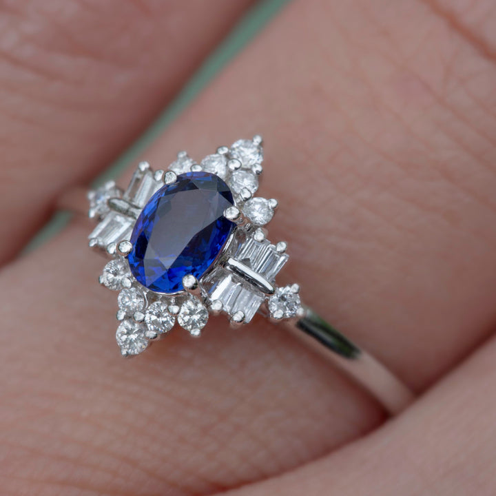 Blue Sapphire Engagement Ring with Diamonds 18K White Gold, Art Deco Style Ring